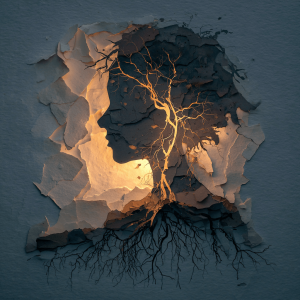 Faceless silhouette with roots and light representing trauma recovery
