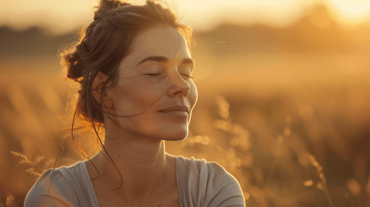 A calm, grounded woman sitting in warm light