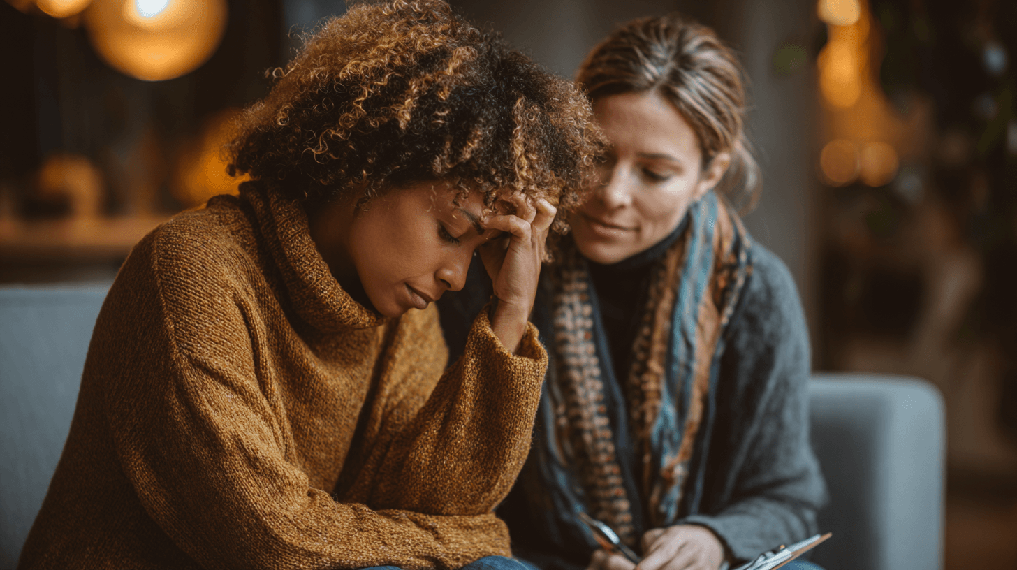 A supportive woman sits beside a distressed young woman during a compassionate, informal conversation — representing incidental counselling in the workplace.