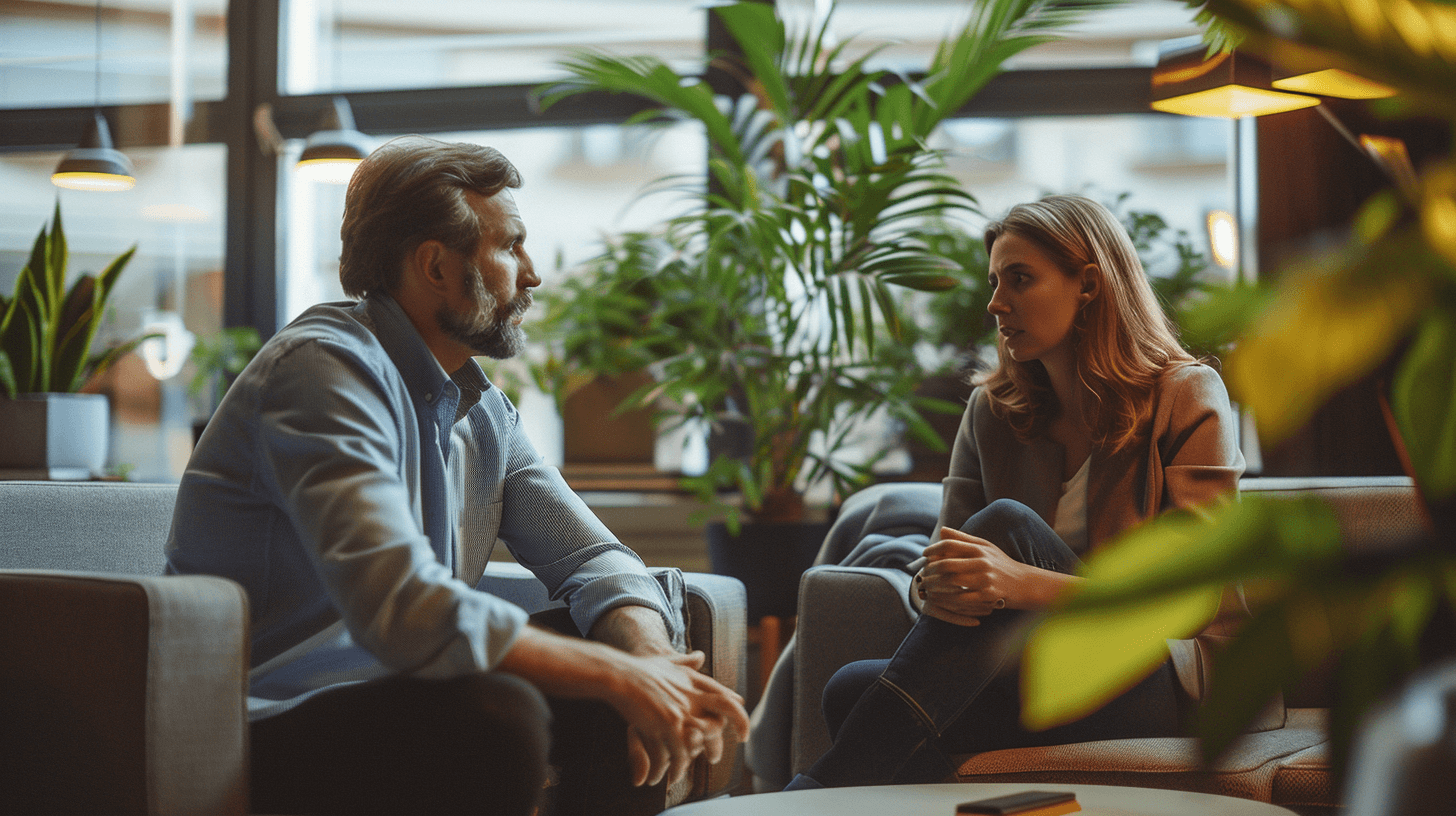 A professional man and woman seated across from each other in a modern office lounge, engaged in a serious emotional conversation, surrounded by plants and soft natural light.