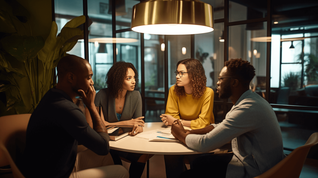 Four diverse professionals sitting around a table in a modern office, engaged in a thoughtful discussion representing trauma-informed practice and psychological safety at work.